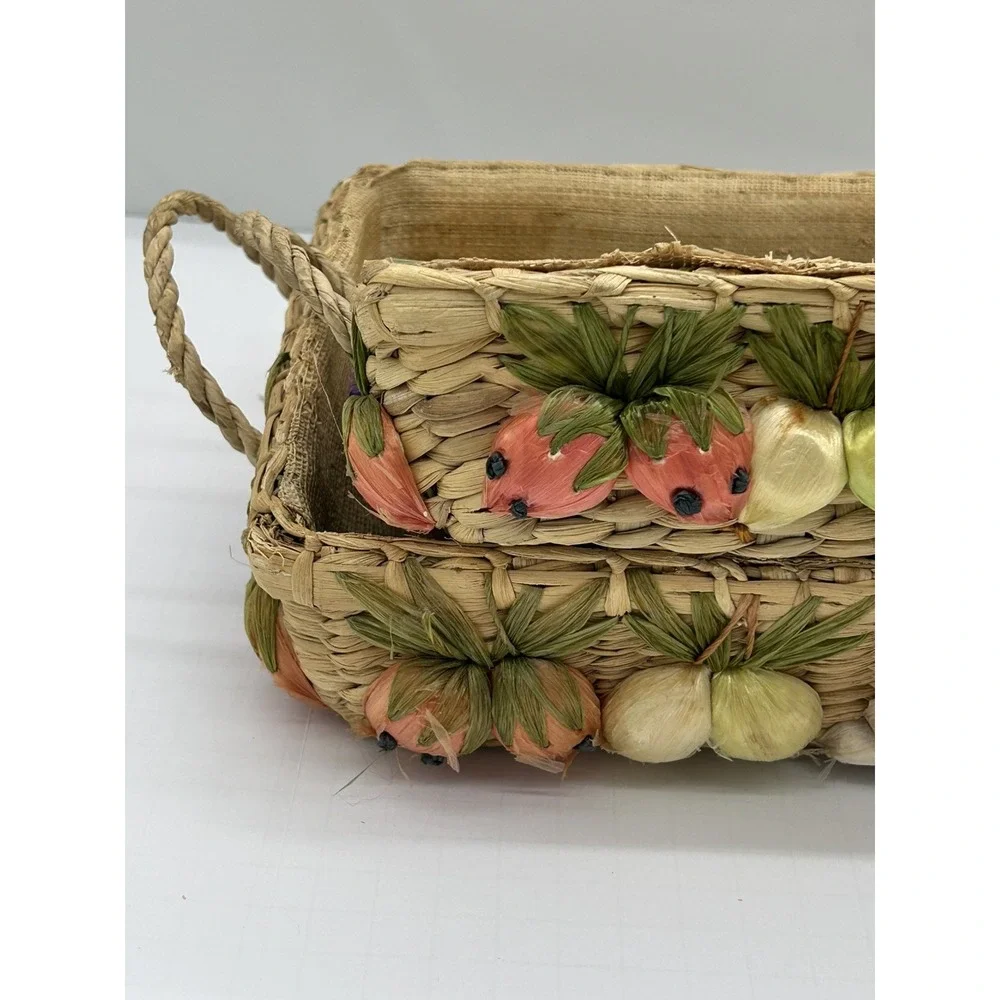 VTG Raffia Casserole Dish Carrier Basket Set of 2 with Anchor Hocking Glass Dish